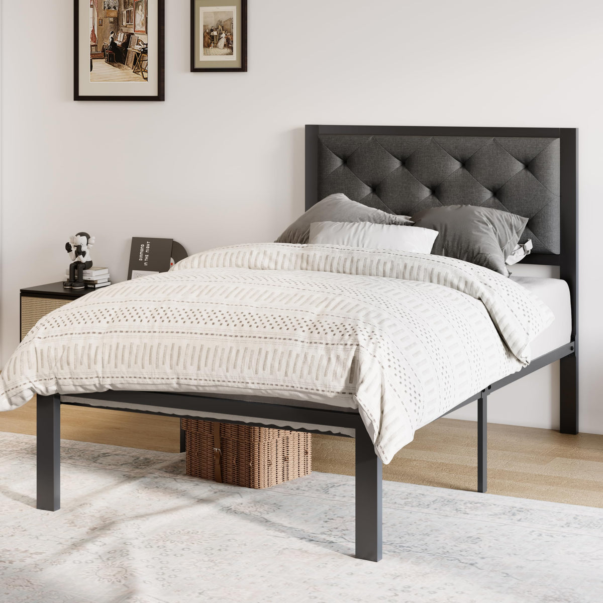 Twin Bed Frame with Upholstered Headboard, Dark Grey X43649