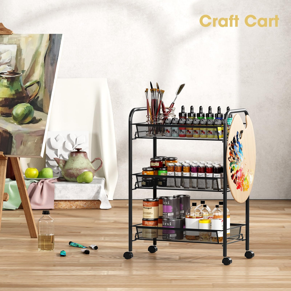 3 Tier Rolling Metal Storage Cart with Wheels, Black Q872