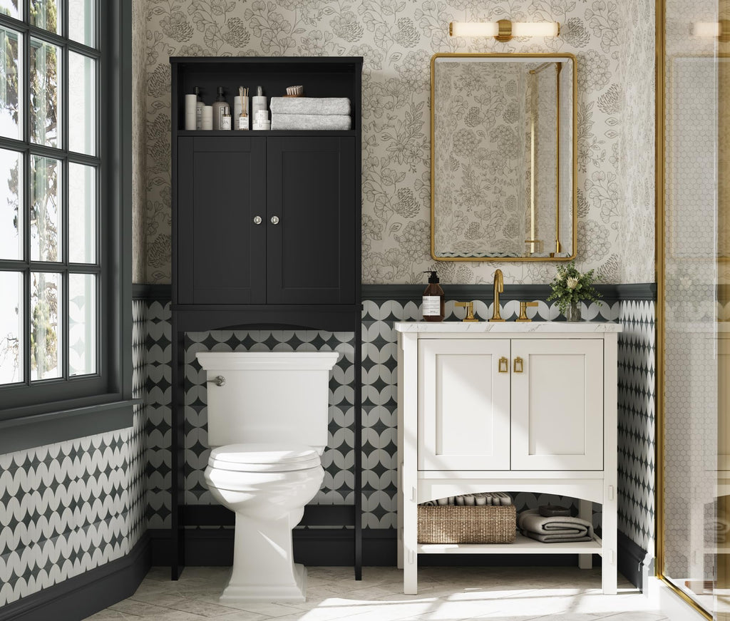 Over The Toilet Storage Cabinet with Adjustable Shelf and Double Door, Black T686204