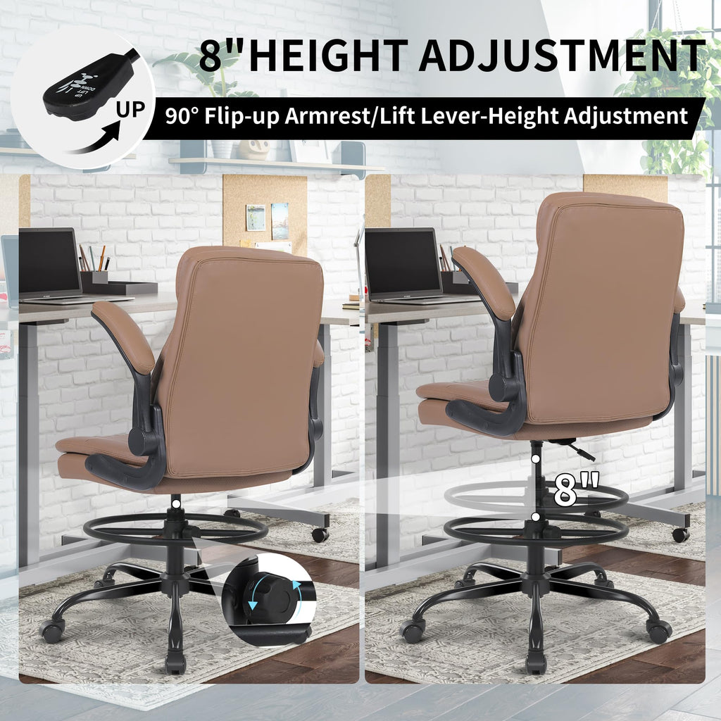 Leather Drafting Chair with Adjustable Height and Flip-up Armrest D857613