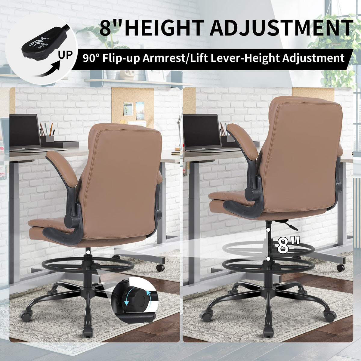 Leather Drafting Chair with Adjustable Height and Flip-up Armrest D857613