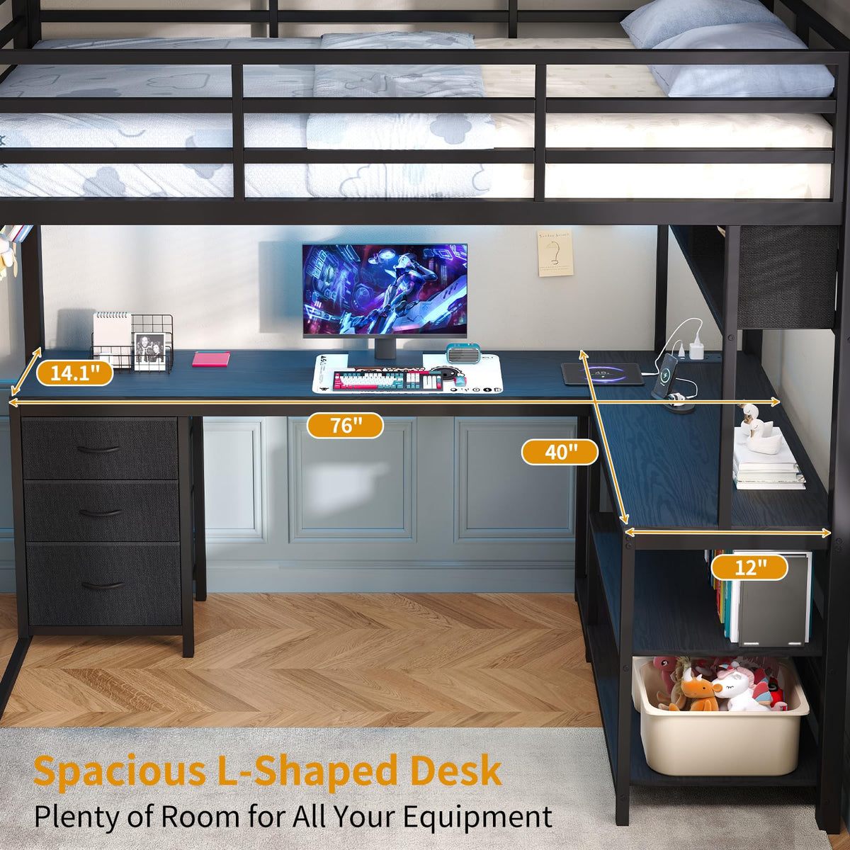 Twin Loft Bed with L-Shaped Desk and LED Lights T76870