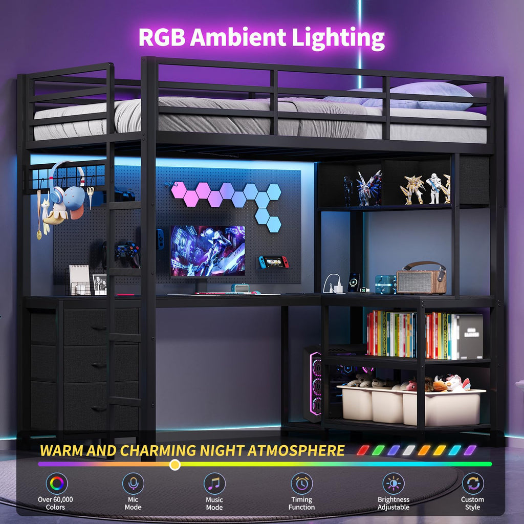 Twin Loft Bed with L-Shaped Desk and LED Lights T76870