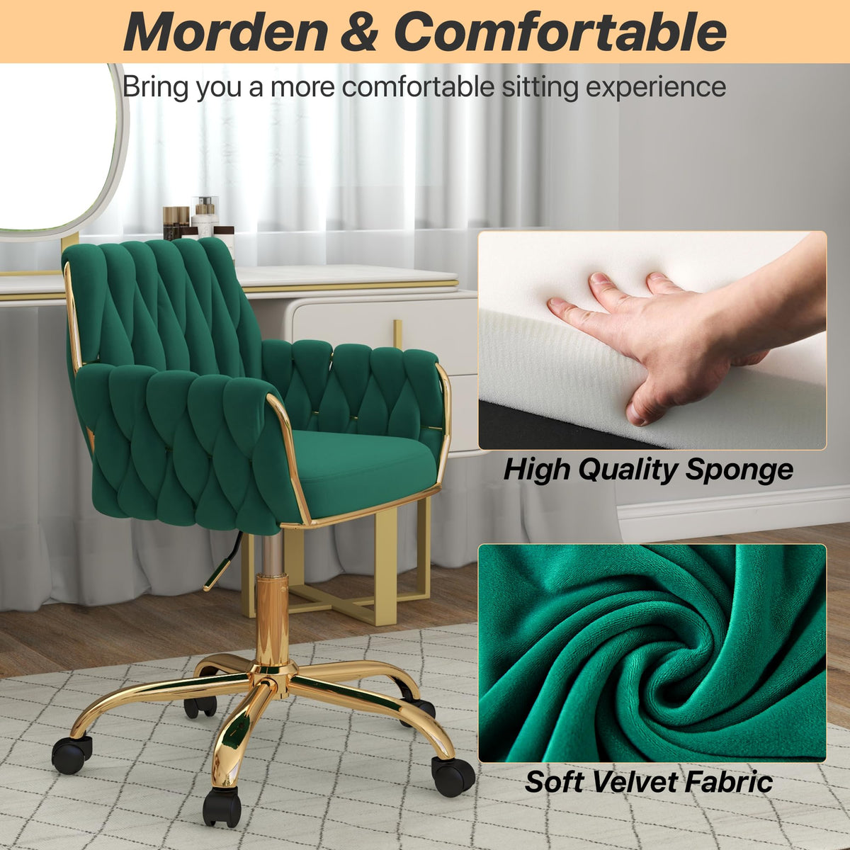 Green Velvet Height Adjustable Swivel Office Chair A76279