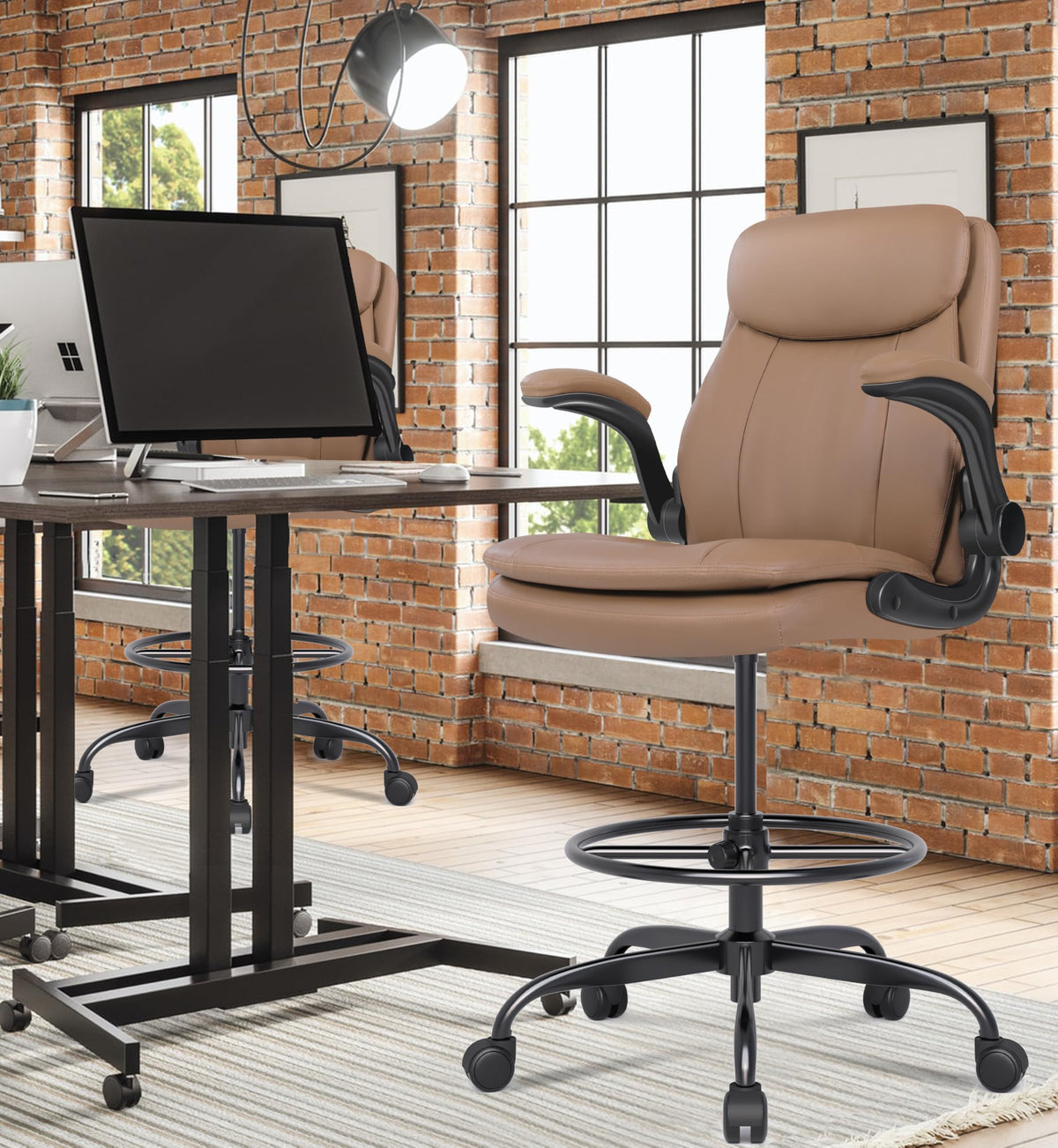 Leather Drafting Chair with Adjustable Height and Flip-up Armrest D857613