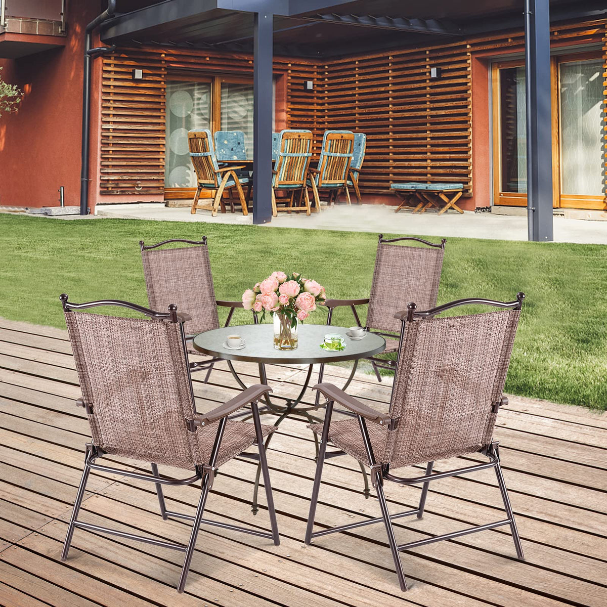 Set of 2 Brown Folding Patio Dining Chairs with Armrests V57171