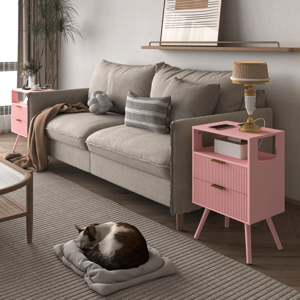 Pink Nightstand with Charging Station and LED Lights M97407