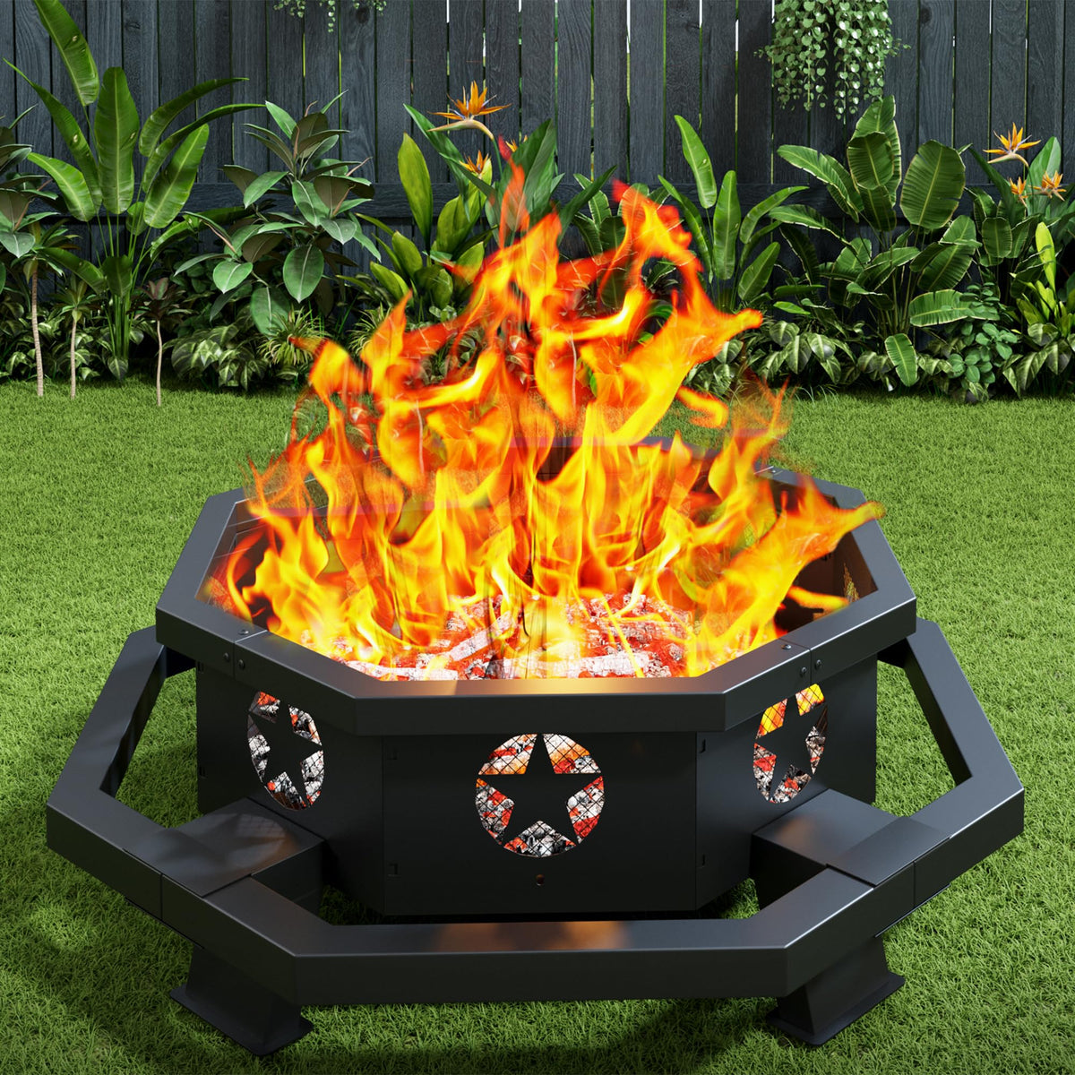 45 Inch Black Wood Burning Octagonal Fire Pit with Poker F849