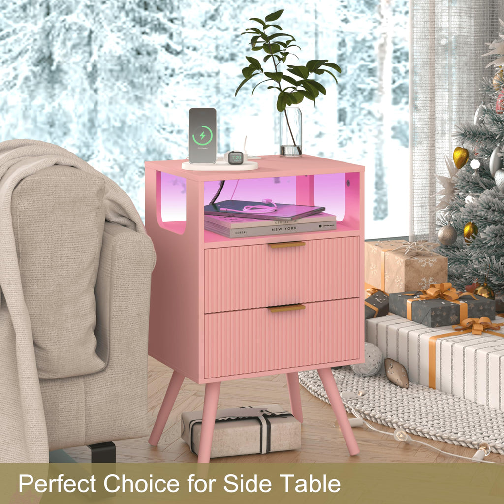 Pink Nightstand with Charging Station and LED Lights M97407