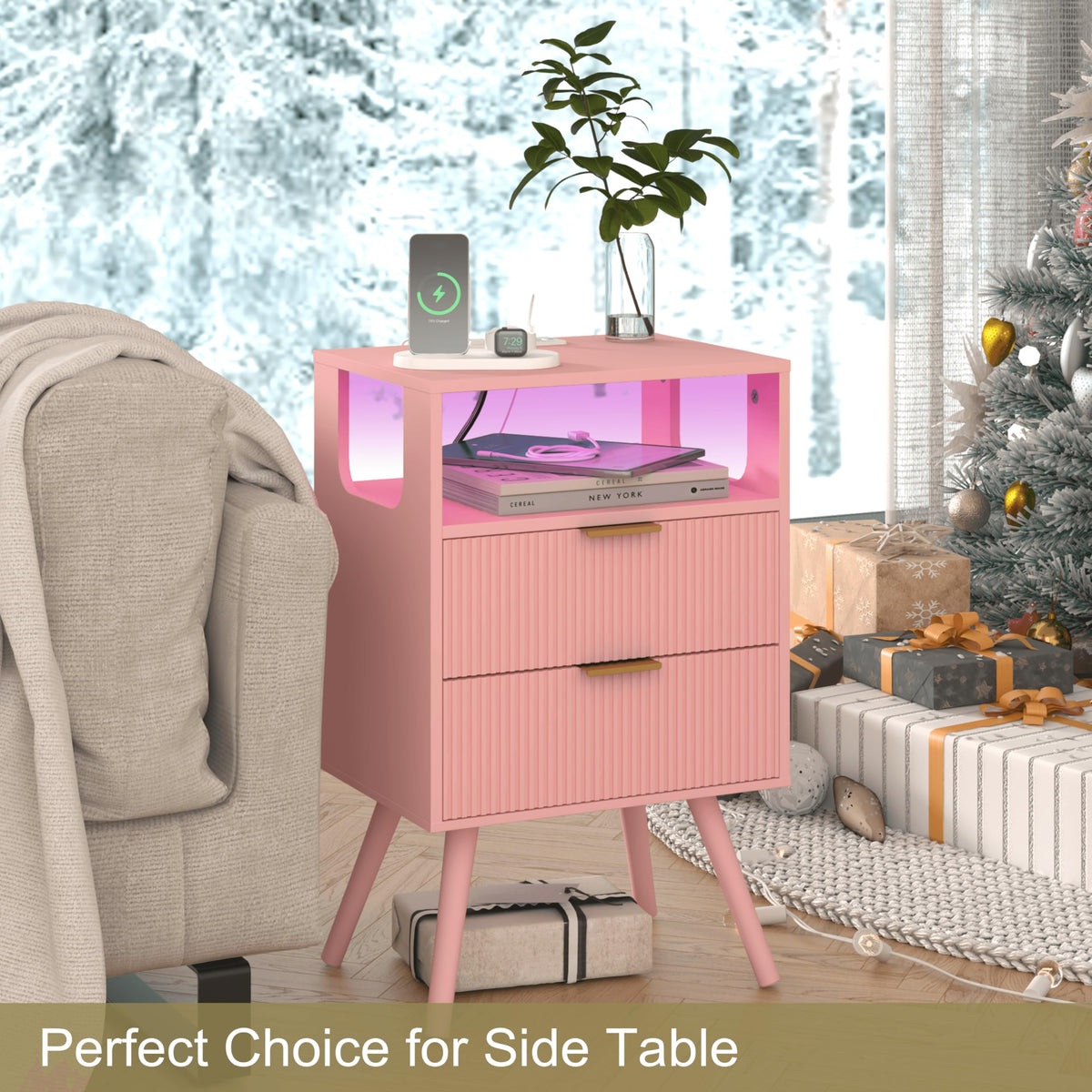 Pink Nightstand with Charging Station and LED Lights M97407